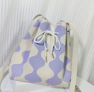 NEW Purple & Cream Wavy Ribbed Knit Bucket Bag | Y2K Boho Chic